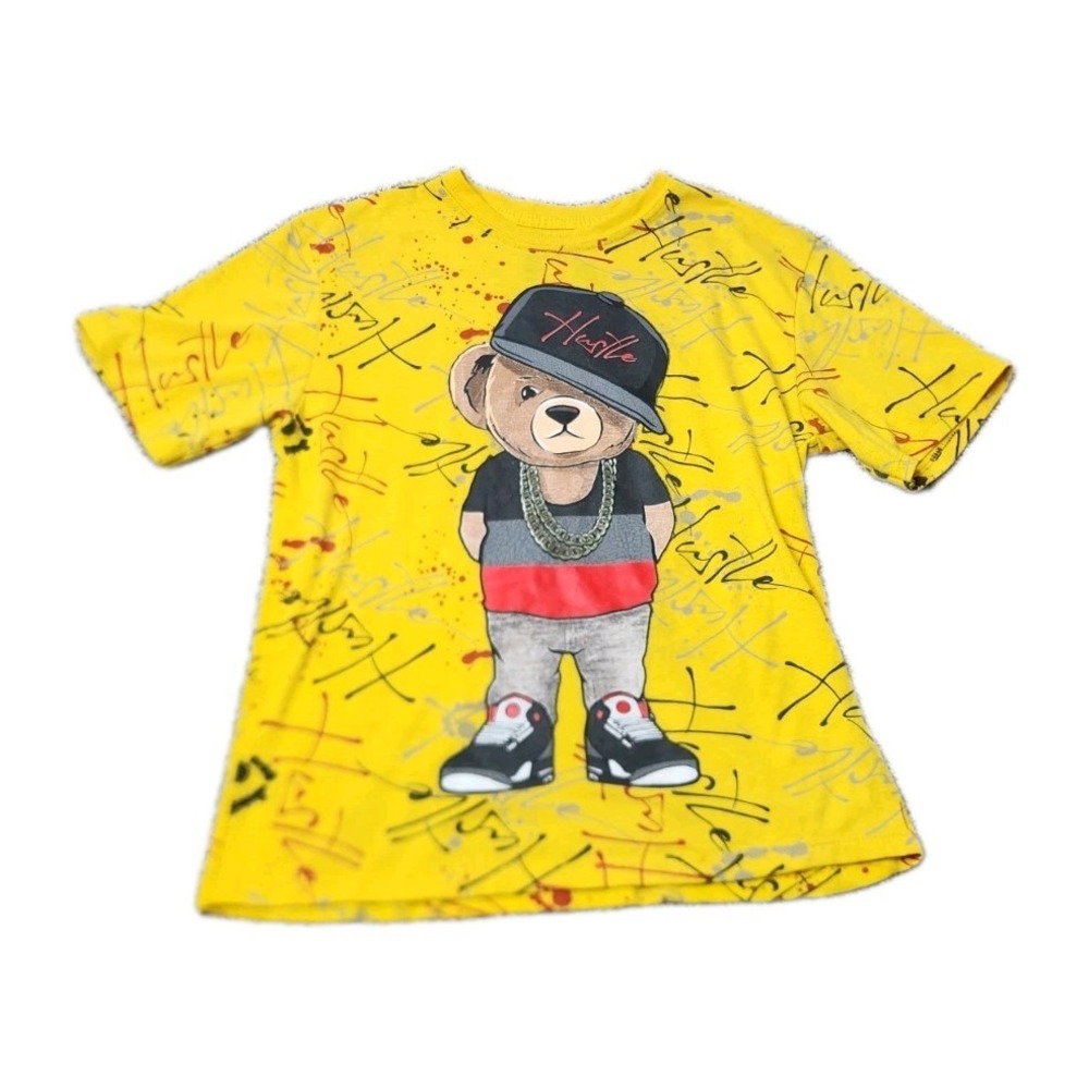 OG Hustle Kids Yellow Graphic T-Shirt Hip Hop Bear Streetwear Size M 10/12‎